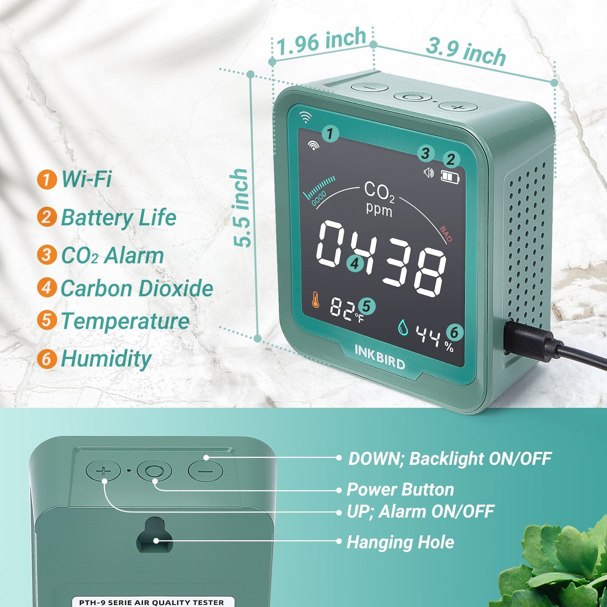 Wireless 3 - in - 1 CO2 Detector INK - CO2W - INKBIRD