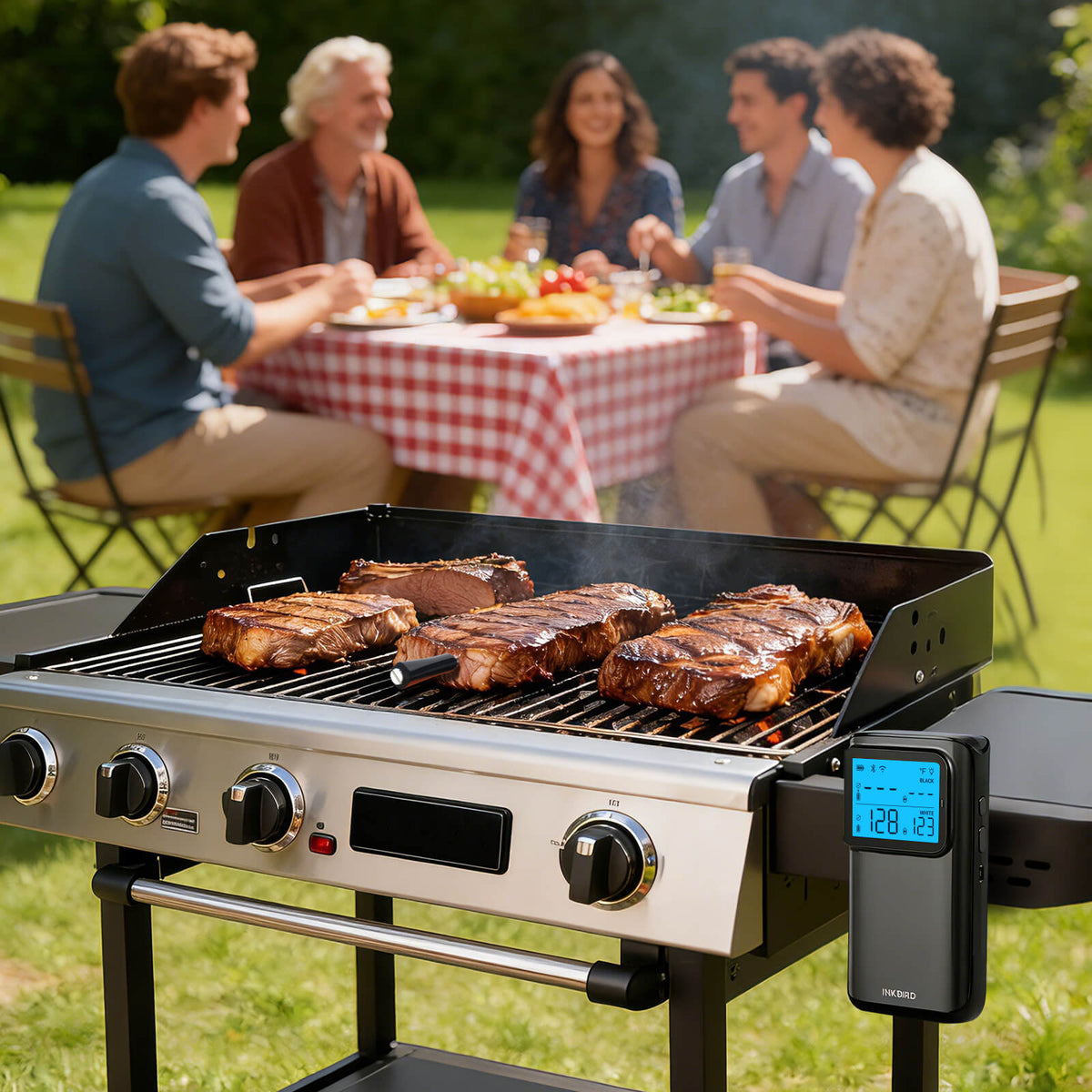 Meats Grilling with INT-12E-BW Probes Inserted in Backyard